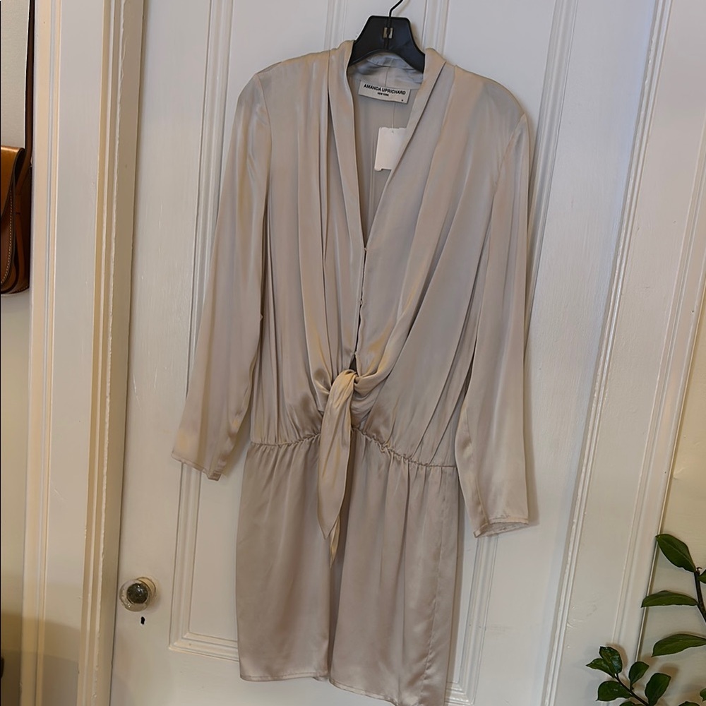 Amanda Uprichard Champagne Silk Tie Mini Dress